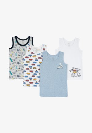 Sada čtyř tílek: šedé s modrým lemem, bílé s barevnými potisky vozidel, světle modré s grafikou mraku a obyčejné bílé s textem.