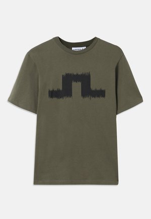 Dark olive green cotton T-shirt with short sleeves, featuring a black graphic wave pattern across the chest. Classic crew neck design.