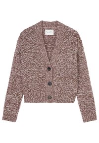 Hnědý a růžový hrubě pletený kardigan s výstřihem do V, krátký střih, čtyři černé knoflíky a strukturovaná látka. Bez kapes.