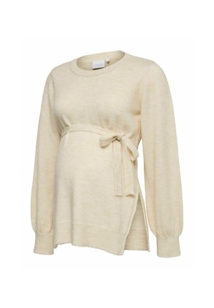 Suéter premamá beige de manga larga con cinturón lateral para atar, puños acanalados y un ajuste suelto y cómodo.