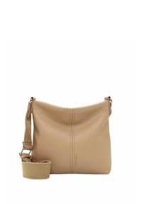 Borsa a tracolla in pelle beige con superficie texturizzata, tracolla regolabile e design minimalista con dettagli di cucitura sottili.