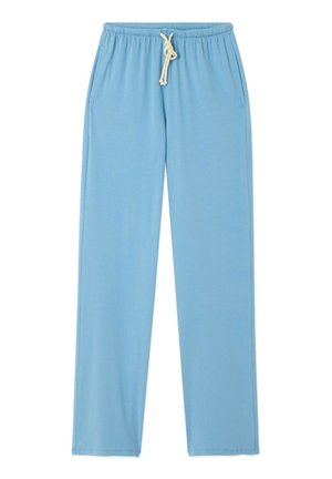 Pantalon décontracté bleu clair avec taille élastique et cordon de serrage blanc, doté de poches latérales et d'une coupe droite.