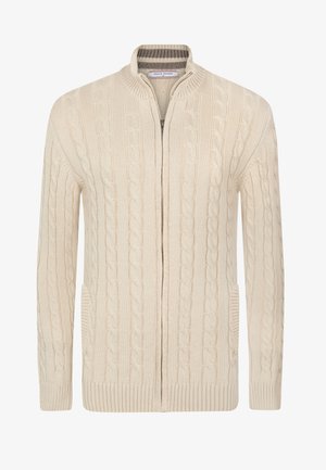 Cremefarbener Cardigan mit Kabelstrickdesign, geripptem Kragen und Bündchen. Verfügt über Seitentaschen und einen Reißverschluss auf der Vorderseite.