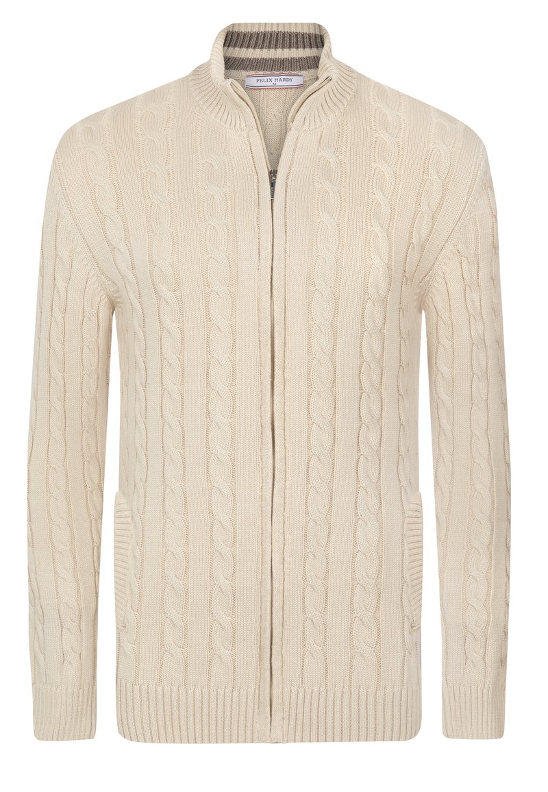 Cremefarbener Cardigan mit Kabelstrickdesign, geripptem Kragen und Bündchen. Verfügt über Seitentaschen und einen Reißverschluss auf der Vorderseite.