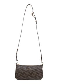 Borsa a tracolla marrone con motivo geometrico in rilievo, accessori dorati e tracolla lunga regolabile. Texture liscia con chiusura a zip.