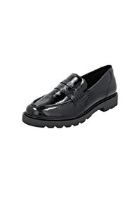 Mocassins en cuir verni noir avec un bout rond, une semelle en caoutchouc épaisse et des détails cousus sur le dessus pour une texture supplémentaire.