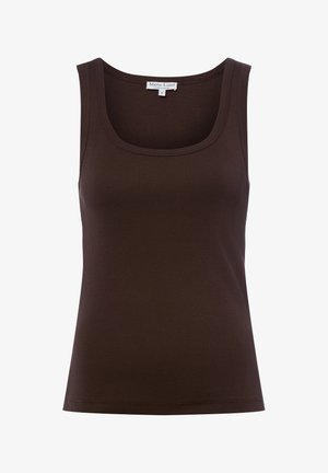 Brown ribbed sleeveless tank top with scoop neckline, size small, tagged Marie Lund Copenhagen.