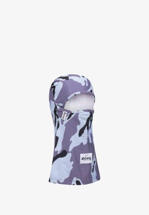 Paars en lichtblauw camouflage bivakmuts gemaakt van rekbaar materiaal, met uitsparingen voor de ogen en een logopatch.