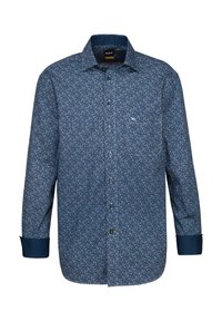 Camicia a maniche lunghe di colore blu navy con un piccolo motivo floreale in bianco, rosa e blu. Presenta un colletto con bottoni e una tasca singola sul petto.