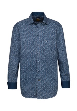 Langarmhemd in Marineblau mit einem kleinen Blumenmuster in Weiß, Rosa und Blau. Mit einem Button-Down-Kragen und einer einzigen Brusttasche.