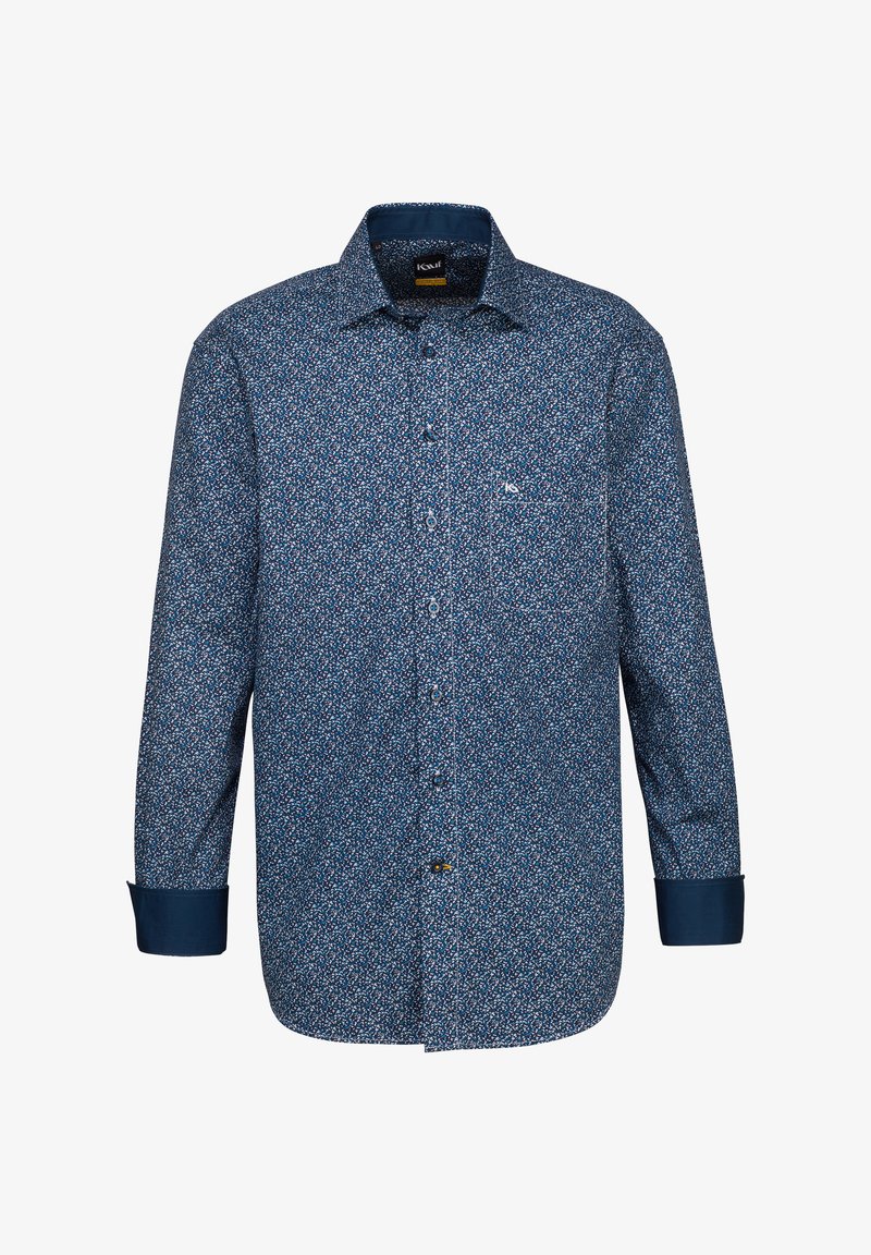 Camicia a maniche lunghe di colore blu navy con un piccolo motivo floreale in bianco, rosa e blu. Presenta un colletto con bottoni e una tasca singola sul petto.
