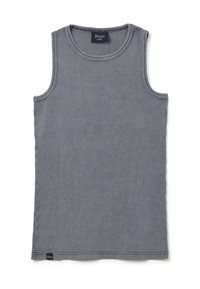 Graues, ärmelloses Tanktop aus einem weichen, gerippten Material. Es hat einen runden Ausschnitt und einen genähten Saum. Das Etikett befindet sich in der unteren linken Ecke.