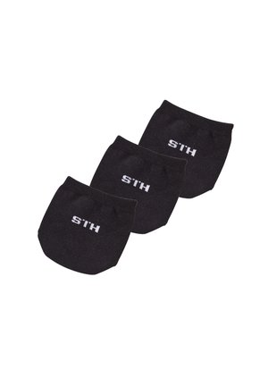 Drei schwarze unsichtbare Socken mit weißen "H.I.S"-Logos, diagonal auf weißem Hintergrund angeordnet.