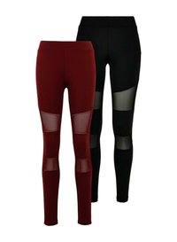 To par med leggings: én burgunder med mesh-paneler, og én sort med matchende mesh-detaljer. Begge har et tætsiddende, glat design.