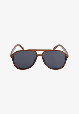 Brown tortoiseshell frame sunglasses with dark rectangular lenses and a double bridge across the nose.