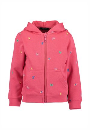 Vaaleanpunainen lasten vetoketjullinen huppari hupulla, etutaskuilla ja värikkäillä pienillä perhonen, sateenkaari- ja mehujääkuvioilla.