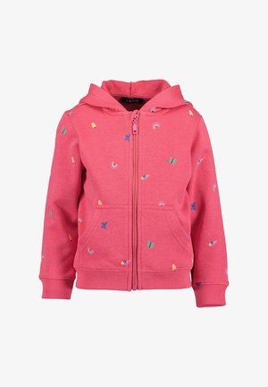 Růžová dětská mikina na zip s kapucí, předními kapsami a barevnými vzory malých motýlků, duhy a nanuků.