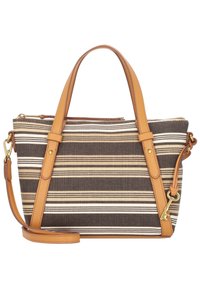 Sac en toile rayé en marron foncé et crème avec des poignées en cuir tan et une bandoulière réglable ; pourvu d'une fermeture éclair et d'un détail de clé.