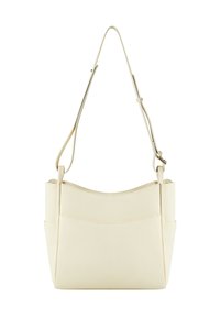 Beige læder skuldertaske med et elegant, buet design, der har en lang justerbar rem og to sidelommer for ekstra funktionalitet.