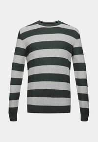 Pull à manches longues col rond rayé horizontalement vert foncé et gris clair avec un motif en tricot texturé.