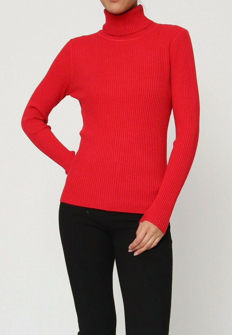 Pull à col roulé rouge à côtes avec manches longues, fabriqué dans un matériau doux, design ajusté et hauteur de col confortable.