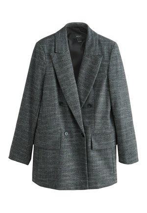 Grau doppelt geknöpfter Blazer aus strukturiertem Stoff, mit Reverskragen, zwei Vordertaschen und schwarzen Knöpfen.