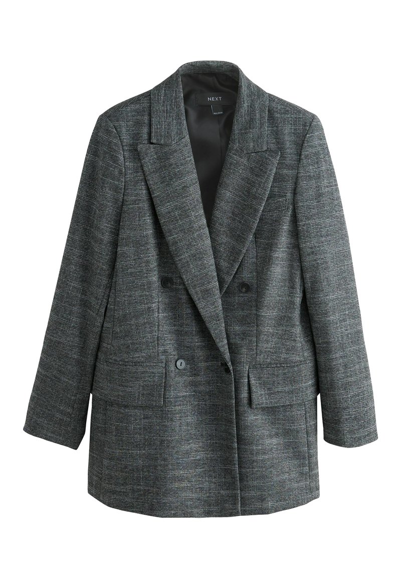 Blazer gris de corte cruzado, hecho de tela texturizada, con solapas de muesca, dos bolsillos frontales y botones negros.