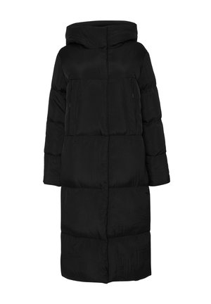 Černý pádlovaný dlouhý kabát s kapucí, který má hladký povrch, široké rukávy a dvě přední kapsy na zip. Jednoduchý, minimalistický design.