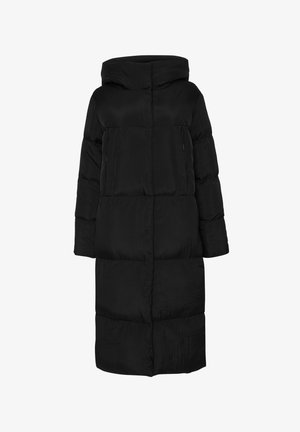 Černý pádlovaný dlouhý kabát s kapucí, který má hladký povrch, široké rukávy a dvě přední kapsy na zip. Jednoduchý, minimalistický design.