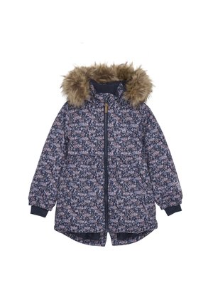 Pufferjacke mit floralem Muster in Marineblau, ausgestattet mit einer Kapuze aus Kunstfell, einem Reißverschluss und elastischen Bündchen für Wärme und Komfort.