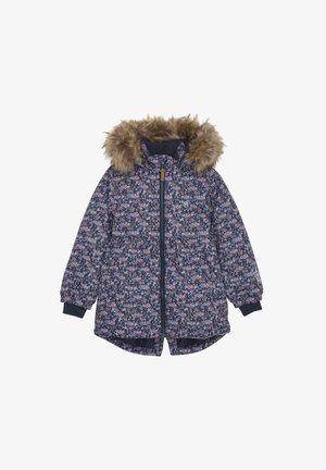 Nadjevna jakna s cvjetnim uzorkom u tamnoplavoj boji, s kapuljačom od umjetnog krzna, zatvaranjem na zip i elastičnim manžetama za toplinu i udobnost.