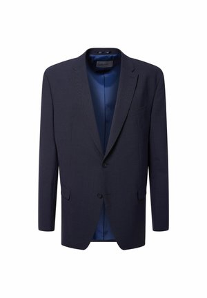 Donkerblauwe blazer met een geknipt revers, twee knopen, twee voorzakken en een gladde blauwe satijnen voering.