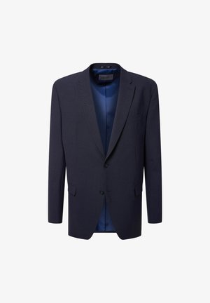 Navyblauer Blazer mit einem aufgeschlagenen Revers, zwei Knopfverschluss, zwei vorderen Taschen und einem glatten blauen Satinfutter.