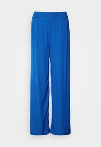 Blauwe broek met wijde pijpen gemaakt van lichtgewicht stof met een gerimpelde tailleband, met een gladde textuur en een losse, vloeiende pasvorm.