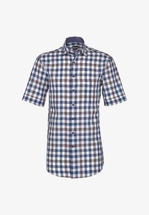 Kurzärmeliges Hemd mit Knopfleiste, blau-braun-weiß kariertem Muster und kleiner Brusttasche auf weißem Hintergrund.