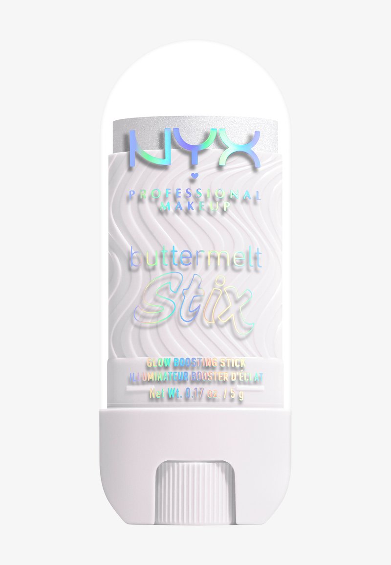 NYX Butter Melt Stix dans un tube blanc circulaire avec un motif ondulé en relief. Dispose d'un logo et d'un texte holographiques, avec une base tournante pour l'application.