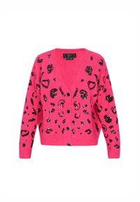 Rosa Strickjacke mit V-Ausschnitt, verziert mit schwarzen Pailletten im Leopardenmuster, langen Ärmeln und Knopfverschluss vorne.