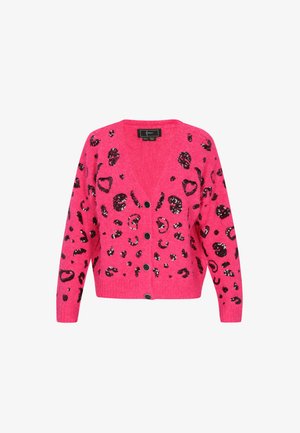 Rosa Strickjacke mit V-Ausschnitt, verziert mit schwarzen Pailletten im Leopardenmuster, langen Ärmeln und Knopfverschluss vorne.