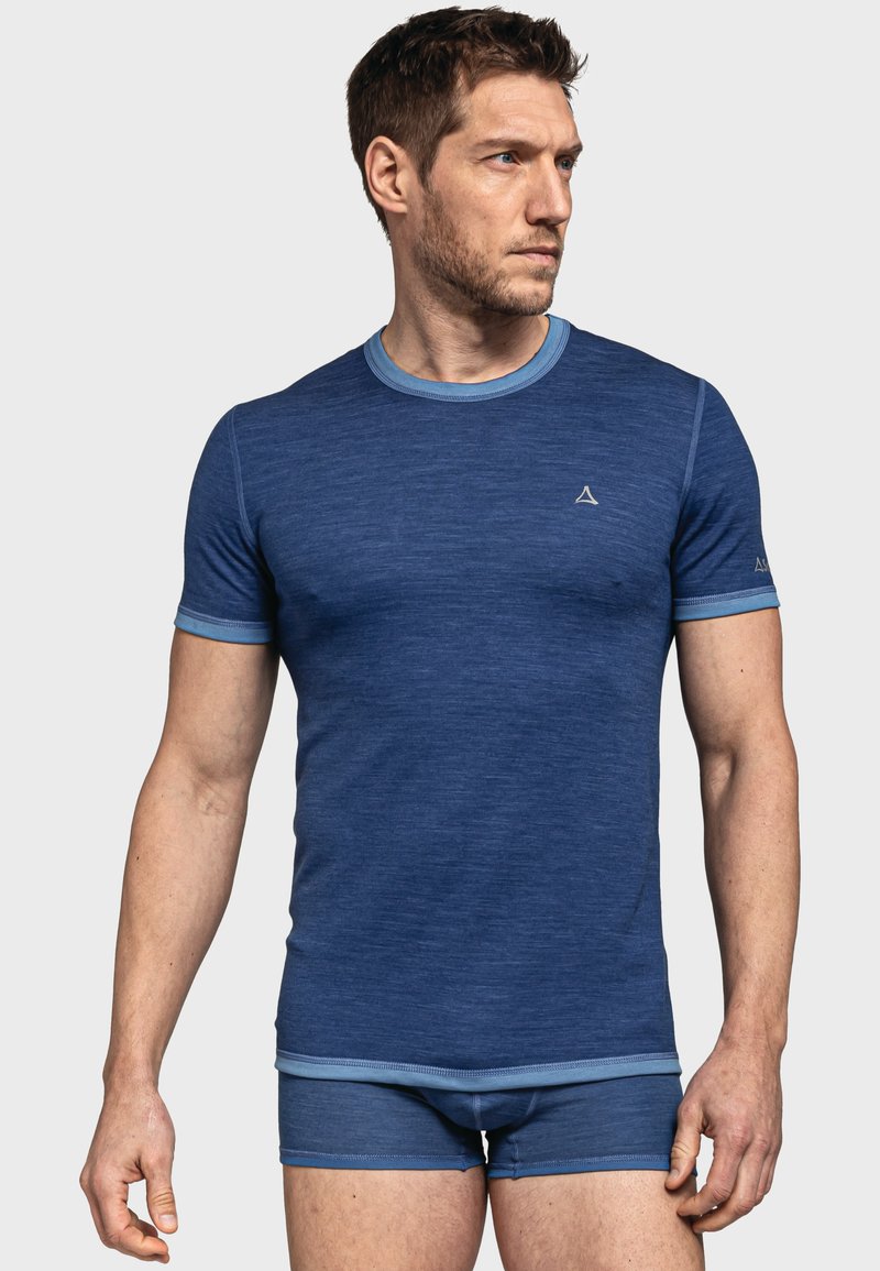 Blue textile short-sleeve shirt with a round neckline and contrasting light blue trim. Features a subtle logo on the chest and fitted design.
