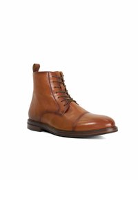 Brown leather men's ankle boot with laces, rounded toe, stitched cap, and low stacked heel against white background.