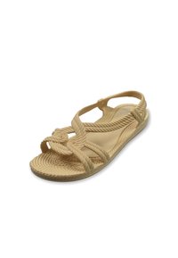 Las sandalias de cuerda beige cuentan con tiras trenzadas con un diseño anudado y una suela texturizada. La parte superior es abierta, lo que proporciona transpirabilidad.