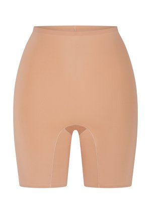 Beige High-Waist-Shorts aus glattem, elastischem Stoff. Sie zeichnen sich durch eine enge Passform und eine mittellange Schrittlänge mit minimalen Nähten aus.