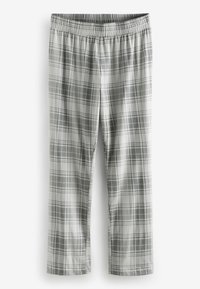 Gray plaid pajama pants with an elastic waistband, featuring a smooth fabric texture and a pattern of intersecting dark and light lines.