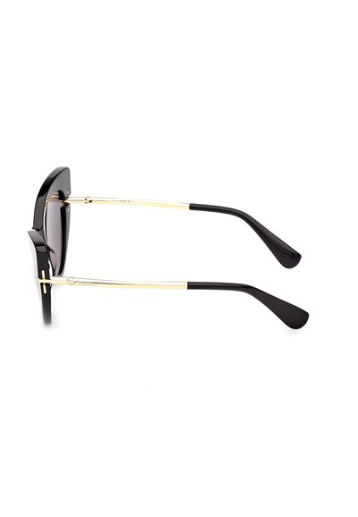 Schwarze und goldene rechteckige Sonnenbrille mit dünnen goldenen Bügeln und schwarzen, gebogenen Bügelenden, seitliche Ansicht.