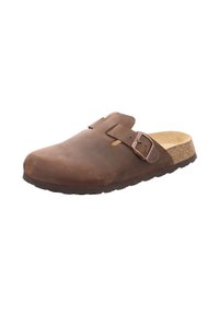 Braune Lederclogs mit einem Korkfußbett, zwei verstellbaren Riemen mit Metallschnallen, abgerundeter Zehenpartie und einer strukturierten Gummisohle.