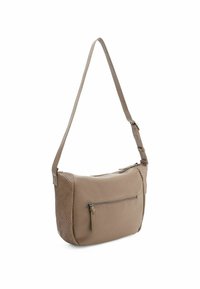 Borsa hobo beige con corpo in pelle liscia e lati in rete testurizzata. Presenta una tasca frontale con zip e una tracolla regolabile.