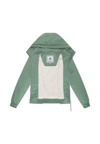 Zaļš kapuci mētelis ar mīkstu, baltu iekšējo oderi, elastīgiem piedurknēm un priekšējo rāvējslēdzēju. Vienkāršs dizains, bez redzamām rakstām.