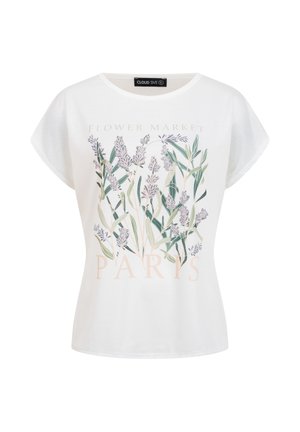 Camiseta blanca de manga corta con estampado botánico de lavanda y texto "Flower Market Paris" en el frente.