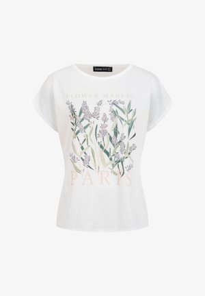 Camiseta blanca de manga corta con estampado botánico de lavanda y texto "Flower Market Paris" en el frente.