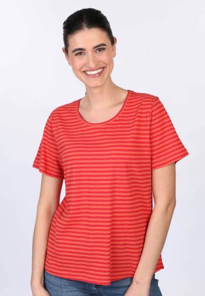 Red striped t-shirt with a rounded neckline and short sleeves, made of soft fabric, relaxed fit, featuring horizontal stripes in varying widths.